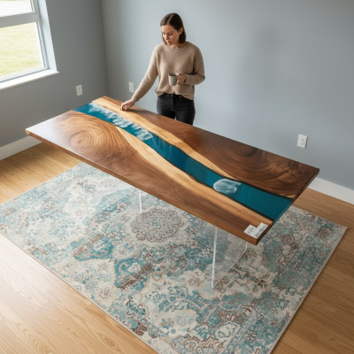 Mesa de río de resina epoxi, mesa maciza 201x81 mesa de río nueva madera real.