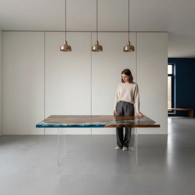 Mesa de diseño de resina epoxi Ozean, madera de lujo, muebles de comedor.