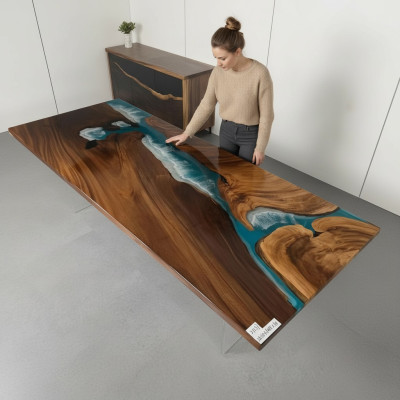 Resina de epoxi Mesa de río Madera maciza real Agua azul Tabla Epoxy