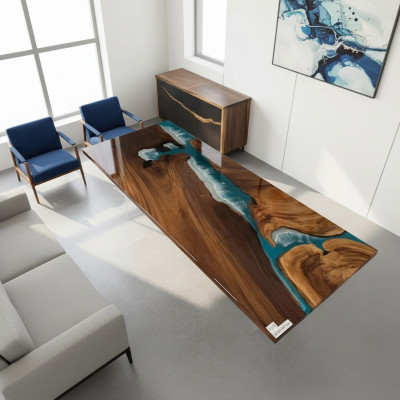 Resina de epoxi Mesa de río Madera maciza real Agua azul Tabla Epoxy