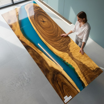Mesa de madera real con resina epoxi de cascada, mesas de comedor con resina epoxi maciza.