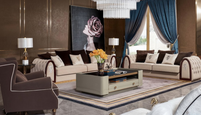 Sofá Chesterfield beige Sofás tela tela Sofás de lujo 4 plazas 295 cm