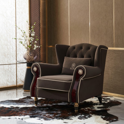 Elegante sillón tapizado en estilo Chesterfield, asiento de televisión, sala de estar, tela de lujo.