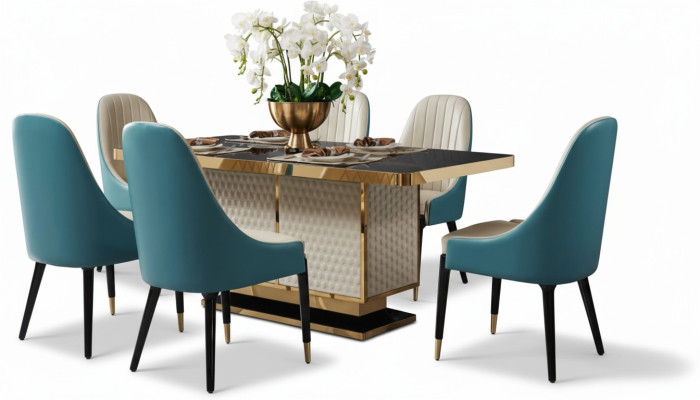 Juego de mesa de sala de estar de madera de diseño con 4 sillas con respaldo a juego.
