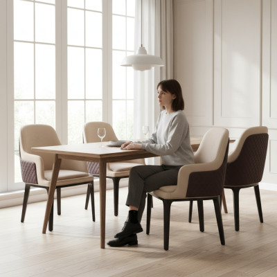 Juego de sillas con cojines para asientos, sillas de comedor modernas con respaldo de cuero y madera.