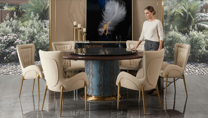Diseño de mesa redonda 6 sillas sillas de comedor conjunto de tapizado de asientos redondos