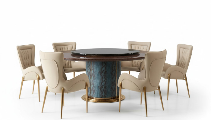 Diseño de mesa redonda 6 sillas sillas de comedor conjunto de tapizado de asientos redondos