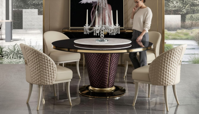 Diseño de mesa redonda 4 sillas de comedor tapizadas en el salón.