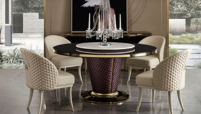 Diseño de mesa redonda 4 sillas de comedor tapizadas en el salón.