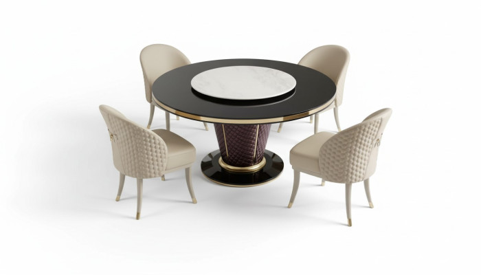 Diseño de mesa redonda 4 sillas de comedor tapizadas en el salón.