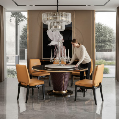 Lujo Designer comedor con mesa de comedor redonda y 6 sillas de respaldo de metal.