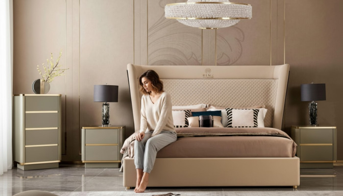 Diseñador Dormitorio. Cama 2x mesitas de noche cómoda Set de 4 piezas. Nuevo