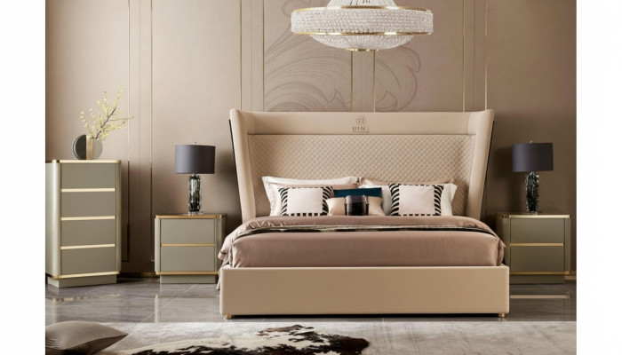 Diseñador Dormitorio. Cama 2x mesitas de noche cómoda Set de 4 piezas. Nuevo