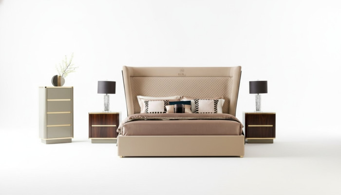 Diseñador Dormitorio. Cama 2x mesitas de noche cómoda Set de 4 piezas. Nuevo