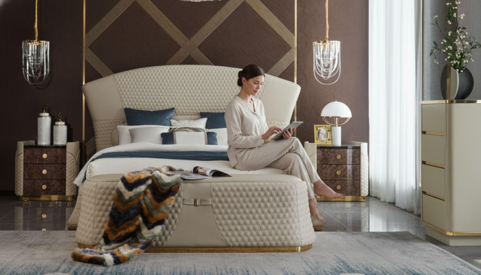 Dormitorio Cama Taburete 2x Mesita de noche Juegos completos Muebles de cuero