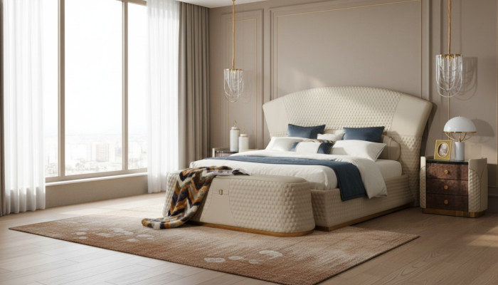 Dormitorio Cama Taburete 2x Mesita de noche Juegos completos Muebles de cuero