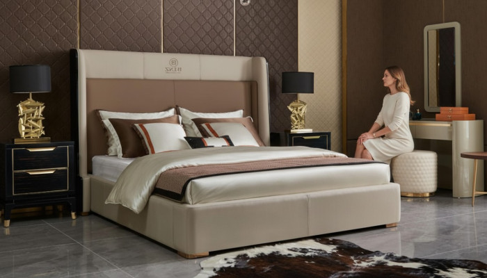 Diseño conjunto completo de 6 piezas para dormitorio con cama, mesita de noche y tocador.