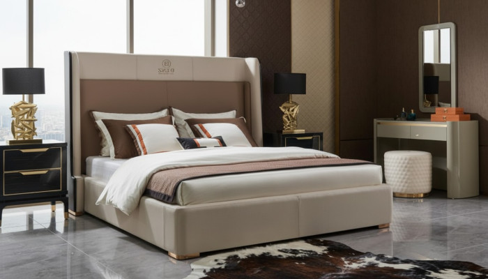 Diseño conjunto completo de 6 piezas para dormitorio con cama, mesita de noche y tocador.