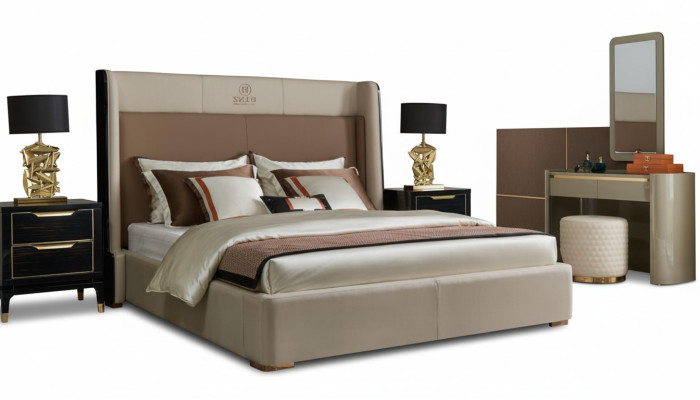 Diseño conjunto completo de 6 piezas para dormitorio con cama, mesita de noche y tocador.