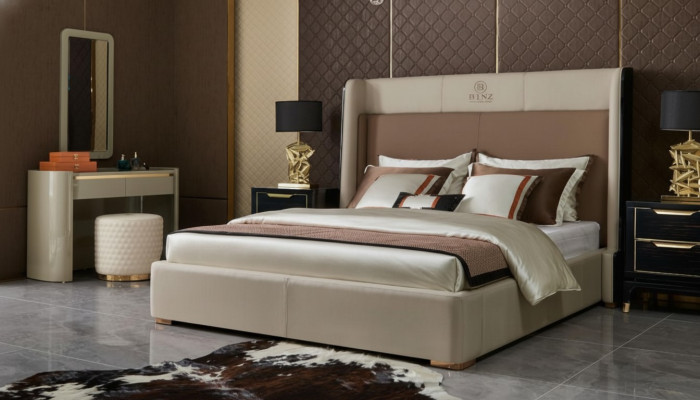 Conjunto de dormitorio con cama de diseño de lujo con 2 mesitas de noche y estructura de cama de 3 piezas.
