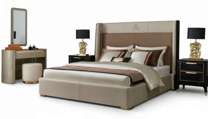 Conjunto de dormitorio con cama de diseño de lujo con 2 mesitas de noche y estructura de cama de 3 piezas.
