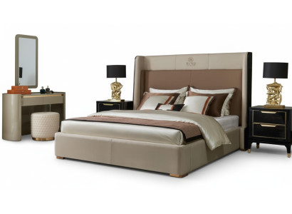 Conjunto de dormitorio con cama de diseño de lujo con 2 mesitas de noche y estructura de cama de 3 piezas.