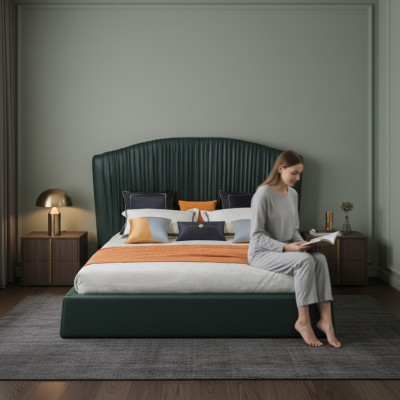 Cama tapizada diseño de lujo cama doble beige 180x200 dormitorio de cuero de hotel.