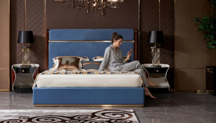 Estructura de cama clásica Cama de cuero Camas de lujo azules Muebles de dormitorio