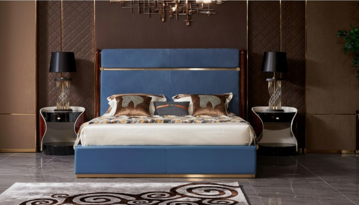 Estructura de cama clásica Cama de cuero Camas de lujo azules Muebles de dormitorio