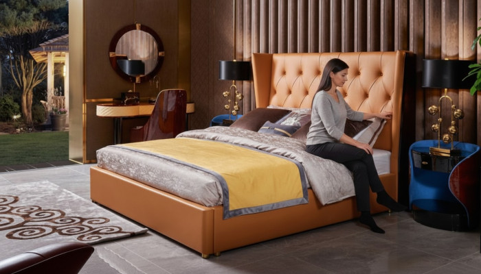 Estructura clásica de cama, muebles de dormitorio, diseño de camas, conjunto de 3 piezas.