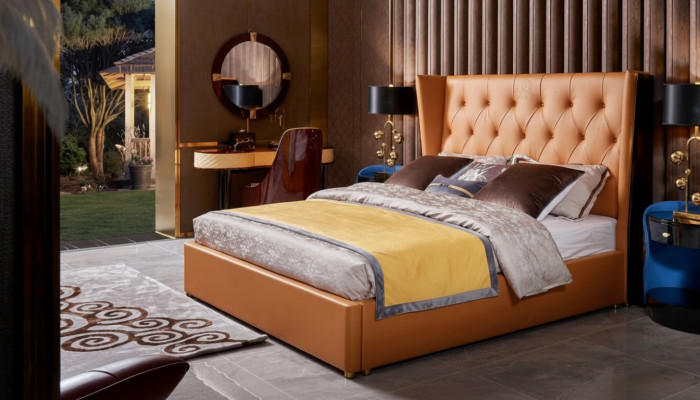 Estructura clásica de cama, muebles de dormitorio, diseño de camas, conjunto de 3 piezas.