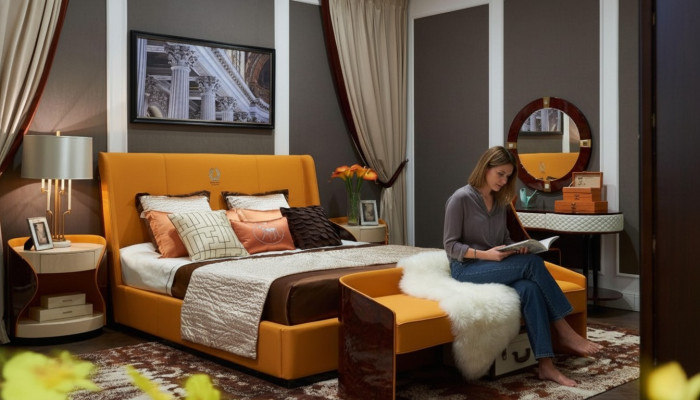 Dormitorio set de 7 piezas, muebles de lujo cama taburete espejo mesita de noche marcos de cama