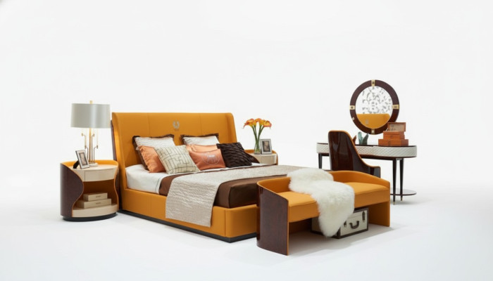 Dormitorio set de 7 piezas, muebles de lujo cama taburete espejo mesita de noche marcos de cama