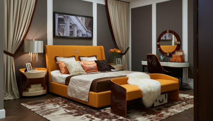 Habitación de lujo con cama doble de 180x200 cm de cuero nuevo para hoteles.