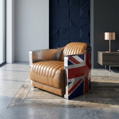 Cuero auténtico Sillón de cuero vintage, sillón diseño "Rocket Union Jack Vintage Cigar"