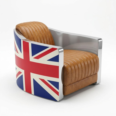 Cuero auténtico Sillón de cuero vintage, sillón diseño "Rocket Union Jack Vintage Cigar"