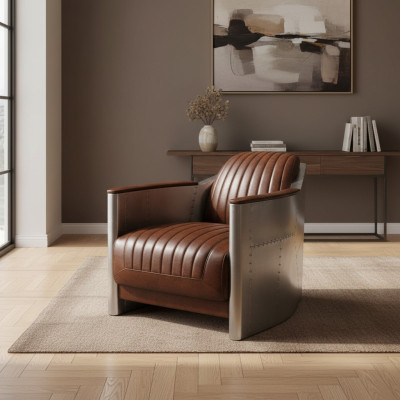 Sillón Cuero genuino Sofá de diseño Club de salón Retro Aviador Vintage Aluminio