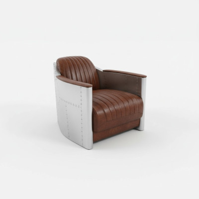 Sillón Cuero genuino Sofá de diseño Club de salón Retro Aviador Vintage Aluminio