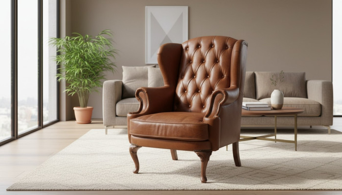 Sillón de cuero Chesterfield de orejas vintage, sillón de club, sillón de director, sillón de orejas.