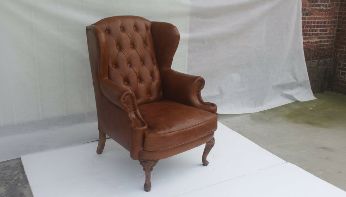 Sillón de cuero Chesterfield de orejas vintage, sillón de club, sillón de director, sillón de orejas.