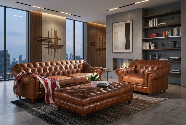 Sofá de 3 plazas Chesterfield Vintage inglés Conjunto de sofás y sillones