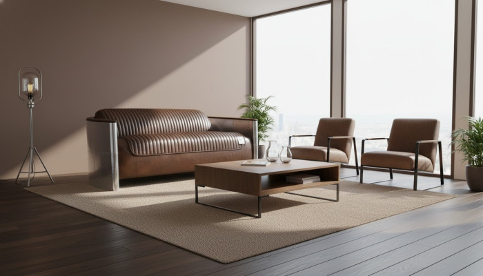 Sofá de cuero auténtico, sofá de diseño de cuero de 3 plazas, sofá vintage de aluminio de avión de metal.