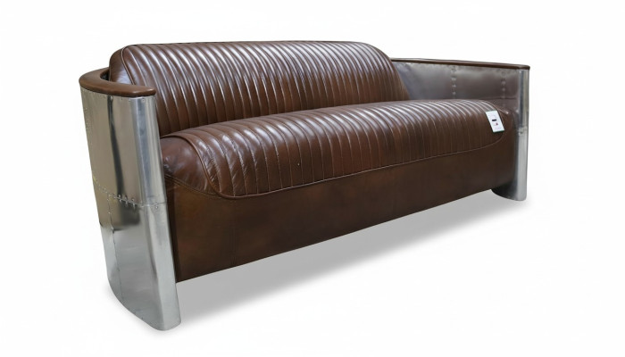 Sofá de cuero auténtico, sofá de diseño de cuero de 3 plazas, sofá vintage de aluminio de avión de metal.