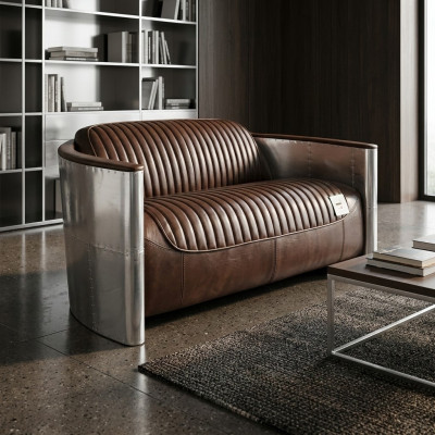 Cuero auténtico, sofá de aluminio de 2 plazas, muebles de cuero vintage, sofá de cuero de club, sofá.