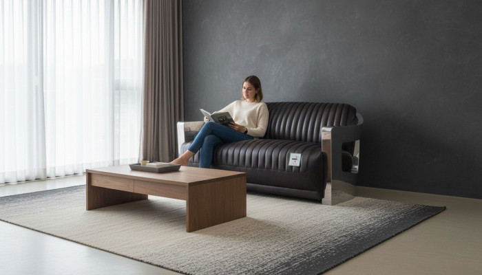 Sofá vintage de cuero con estructura de aluminio Sofá de tres plazas Sofá de cuero genuino Sofás Sofá plateado
