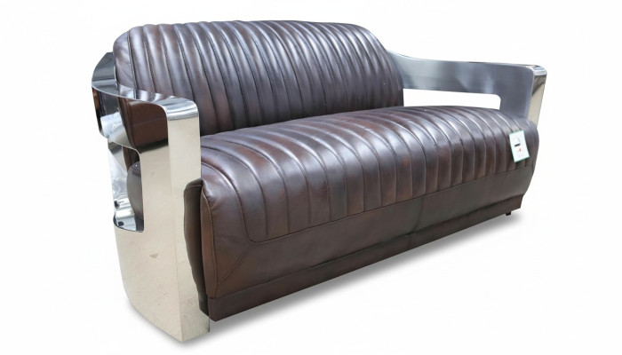 Sofá vintage de cuero con estructura de aluminio Sofá de tres plazas Sofá de cuero genuino Sofás Sofá plateado