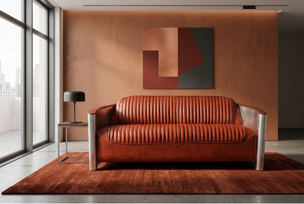 Cuero genuino Diseño sofá vintage Triple Sofá de diseño de aluminio de 3 plazas Borgoña