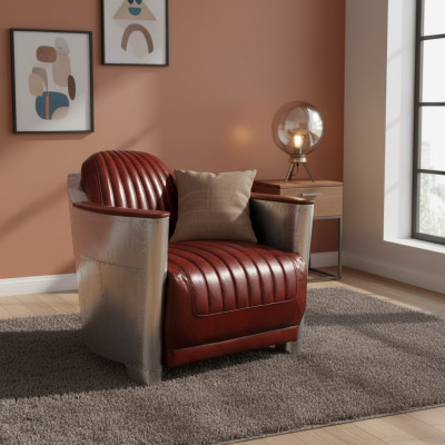 Sofá Sillón Cuero auténtico Sofá club Salón Retro Aviador Vintage Aluminio Avión