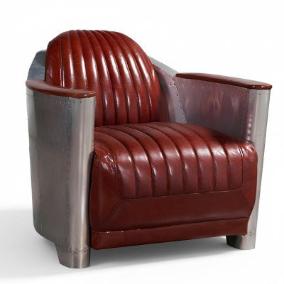 Sofá Sillón Cuero auténtico Sofá club Salón Retro Aviador Vintage Aluminio Avión