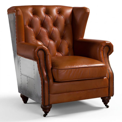 Sillón orejero de auténtico cuero vintage tipo cigarro, sillón orejero para televisión, sillón de cuero.